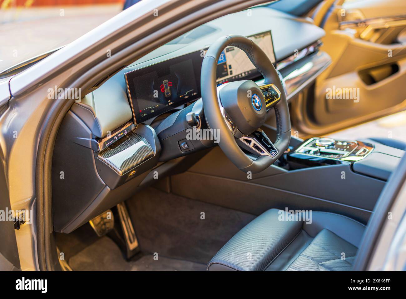 Close-up view of the interior of the new electric car BMW i5-M with ...