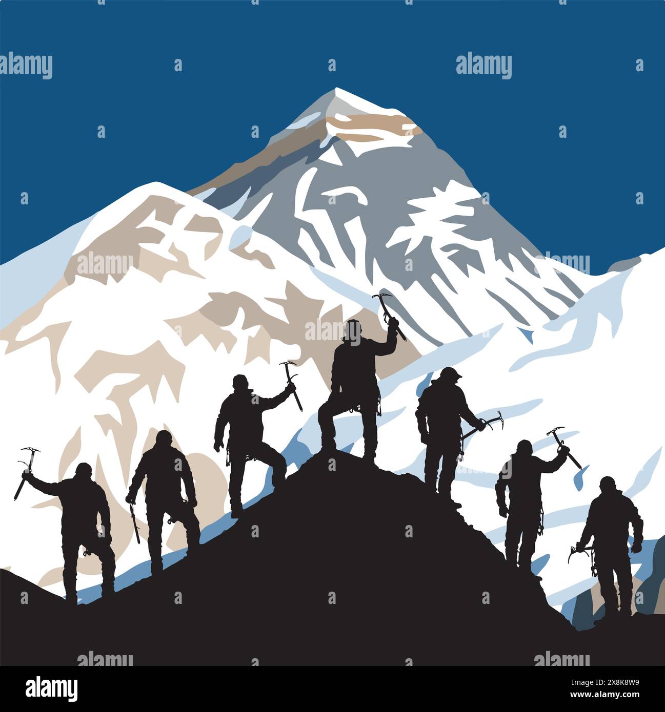 silhouette of seven climbers with ice axe in hand on top of Mount Everest silhouette, mountain vector illustration logo Stock Vector