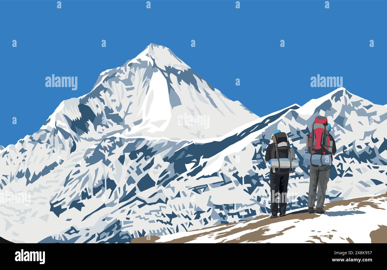 Mount Dhaulagiri peak as seen near Thorung La pass and three hikers, Mount Annapurna circuit trekking trail, vector illustration, Nepal Himalayas moun Stock Vector