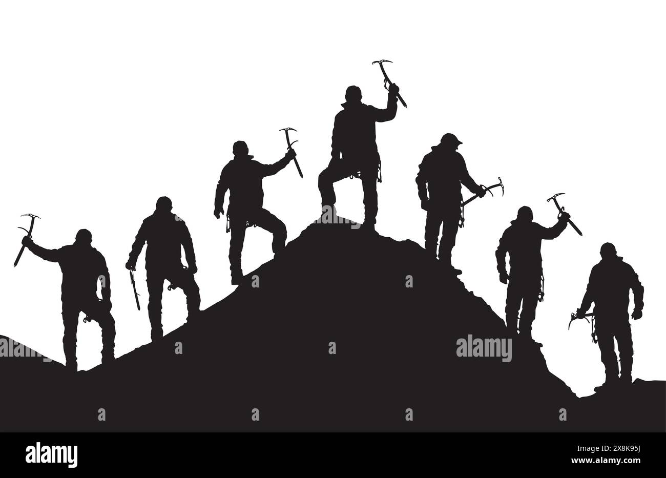 silhouette of seven climbers with ice axe in hand on top of Mount Everest silhouette, black and white mountain vector illustration logo Stock Vector