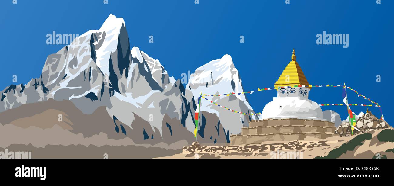 Buddhist stupa with prayer flags and mounts Cholatse and Tabuche peak, the way to Mount Everest base camp, Nepal Himalayas mountains vectors illustrat Stock Vector