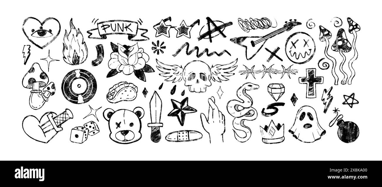 Grafitti charcoal punk symbols. Hand drawn doodle crayon hard rock n roll icon with fly agaric, music plate, skeleton with wings, emoticon, wounded heart. Chalk pencil heavy metal sticker for festival Stock Vector