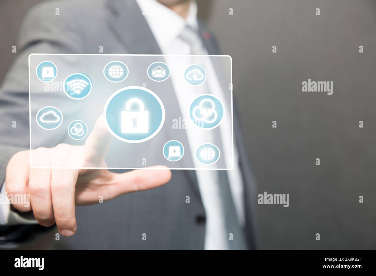 Hand touching screen security scanning protect. Cyber Security and safety information, personal data concept. Stock Photo