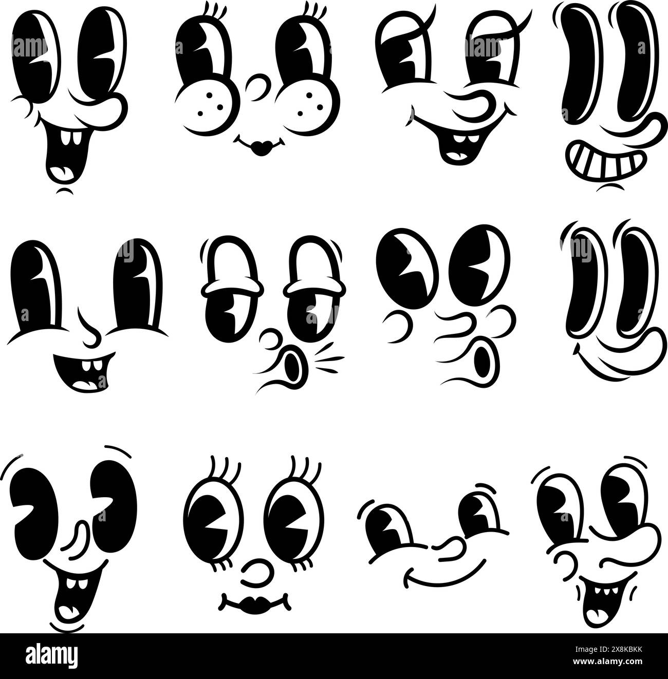 Set of cartoon faces, funny characters. Old style animation eyes, mouth. Cartoon eyes. Comic style faces. Vector illustration Stock Vector