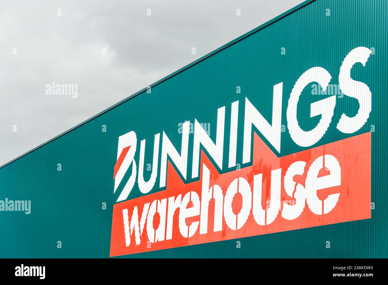 Adelaide, South Australia - October 25, 2020: Bunnings Warehouse hardware store logo on the shopping centre wall viewed form car park on a day. Stock Photo