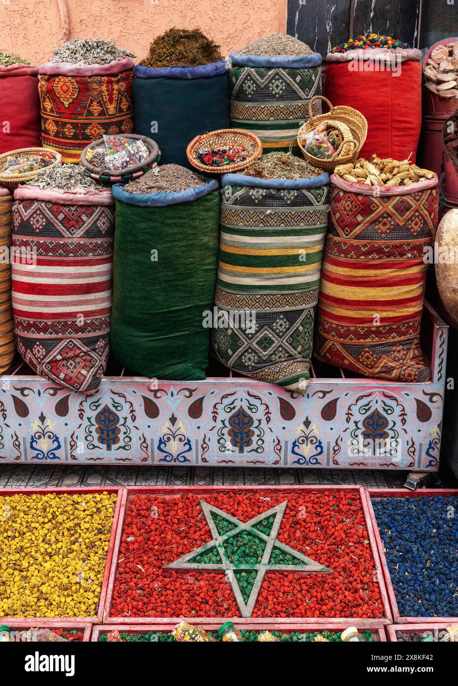 Marrakesh, Morocco - 23 March, 2024: close-up view of bags and tablets