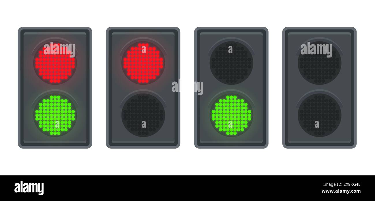Traffic light icon set with red and green light. LED lamp road construction and safety regulation equipment. Vector clip art illustration. Stock Vector