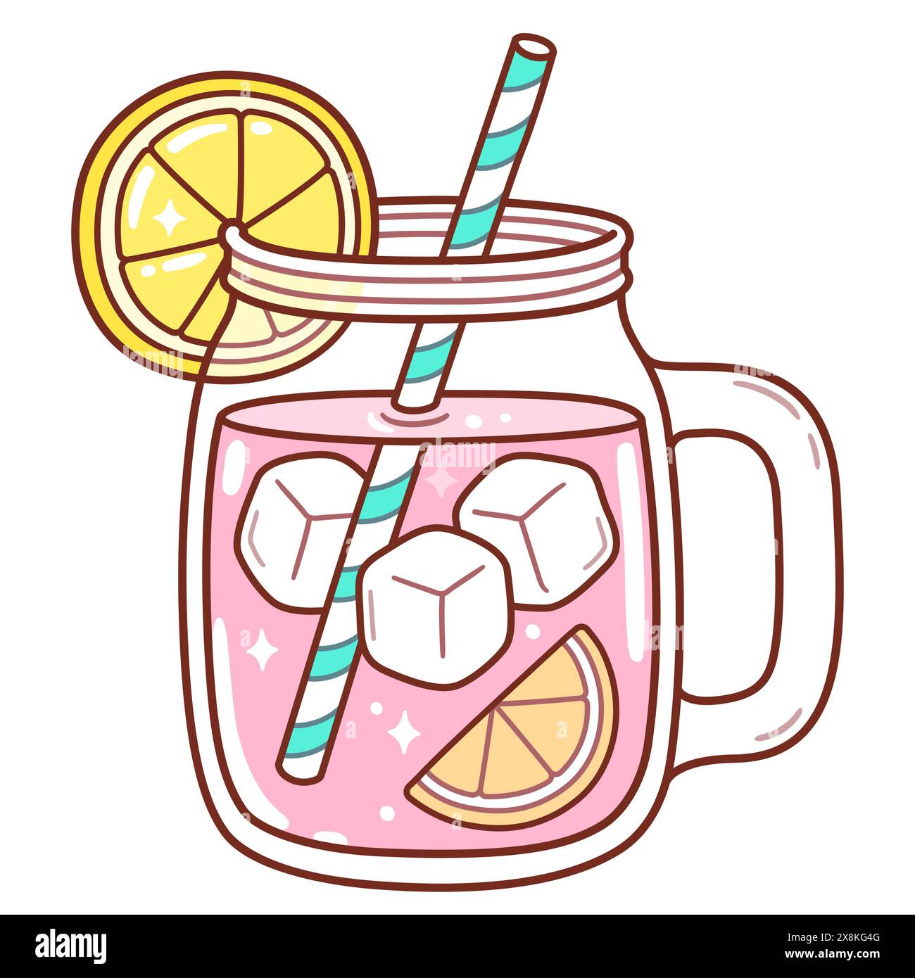 Pink lemonade in mason jar mug with drinking straw and lemon wedge. Refreshing summer drink vector clip art illustration, doodle style drawing. Stock Vector