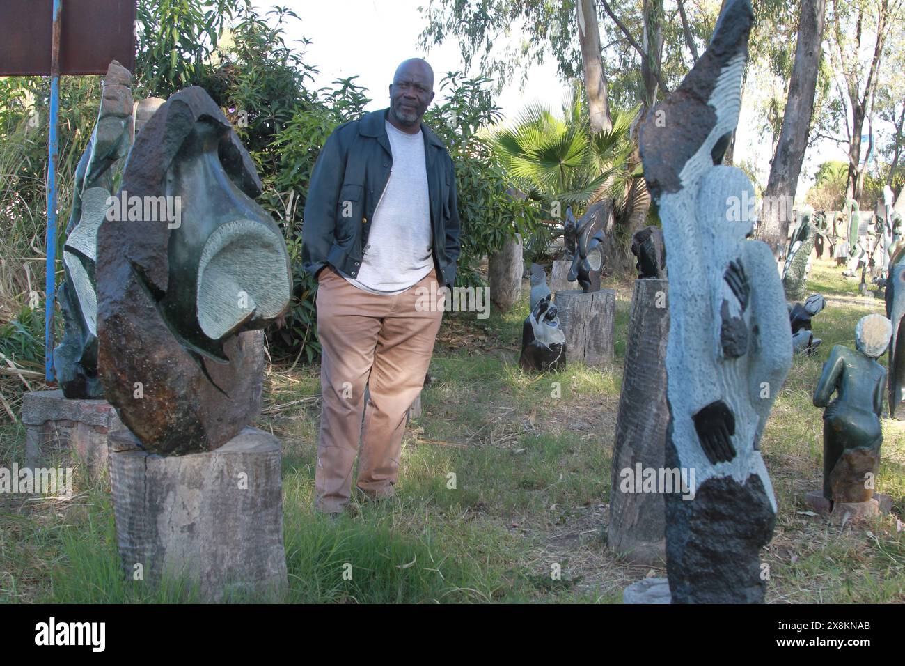 Harare, Zimbabwe. 21st May, 2024. Washington Musonza, a stone sculptor, is pictured at his gallery in Harare, Zimbabwe, May 21, 2024. TO GO WITH 'Feature: Zimbabwean sculptors find voice in stone carving' Credit: Tafara Mugwara/Xinhua/Alamy Live News Stock Photo