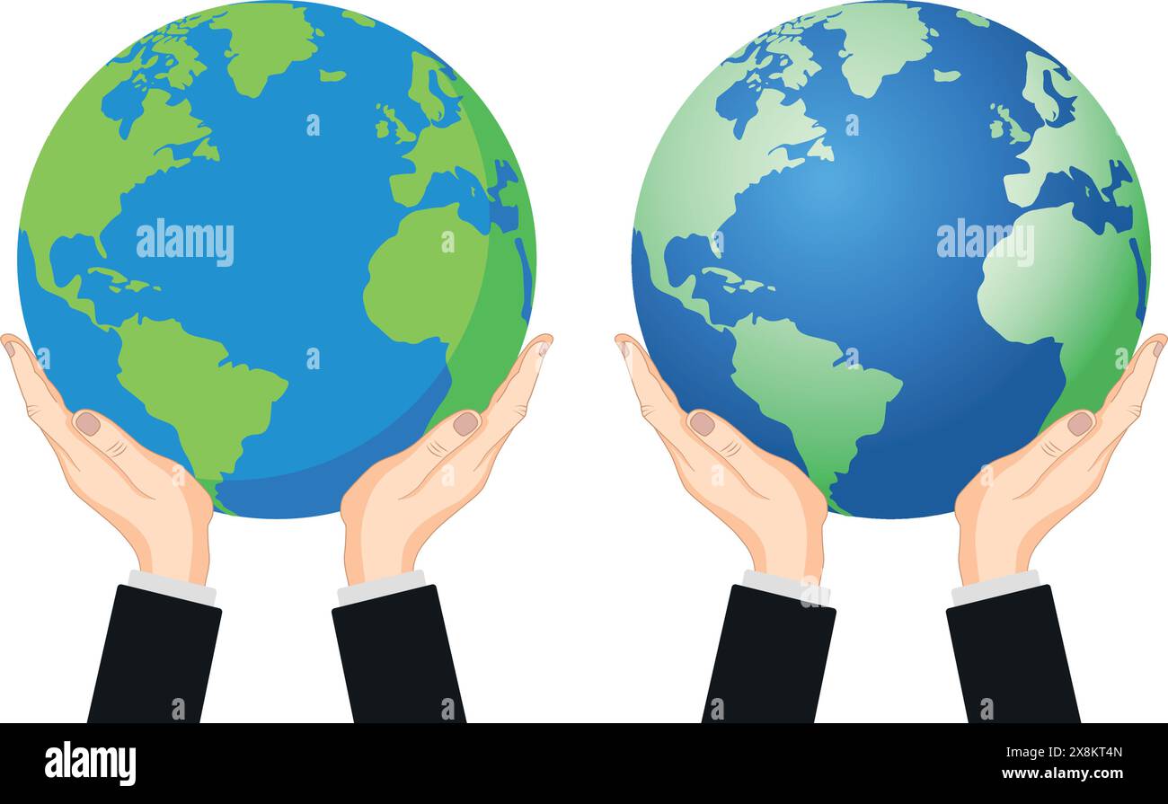 Two hands holding the Earth, Globe 2D and 3D vector illustration Stock Vector