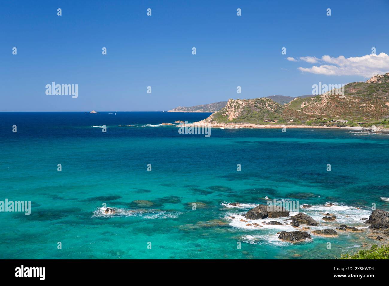 Ajaccio, Corse-du-Sud, Corsica, France. View northwards along rugged coast from hillside path near Pointe de la Parata. Stock Photo