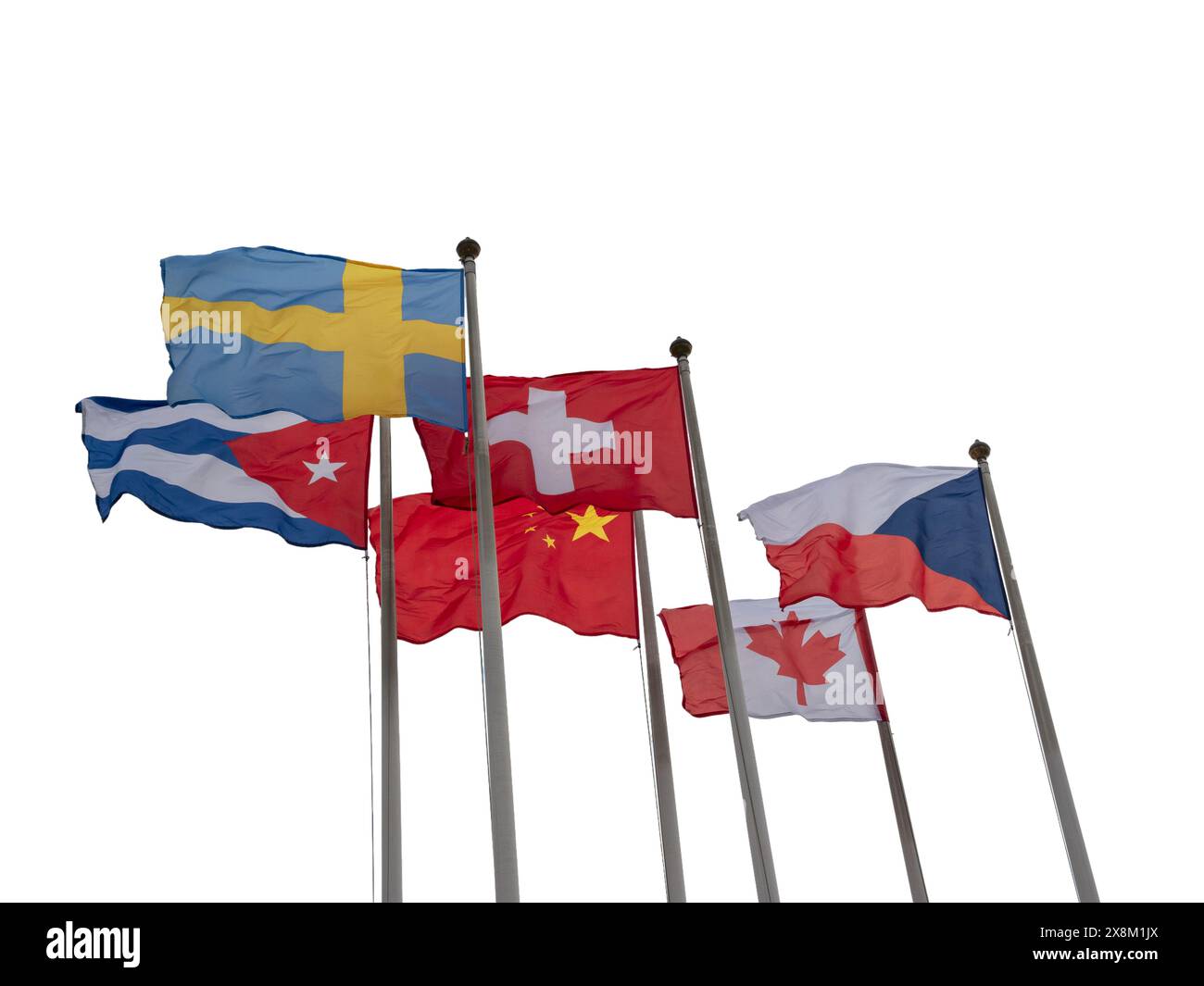 Flags of foreign countries on flagpoles isolated on a white background. Stock Photo