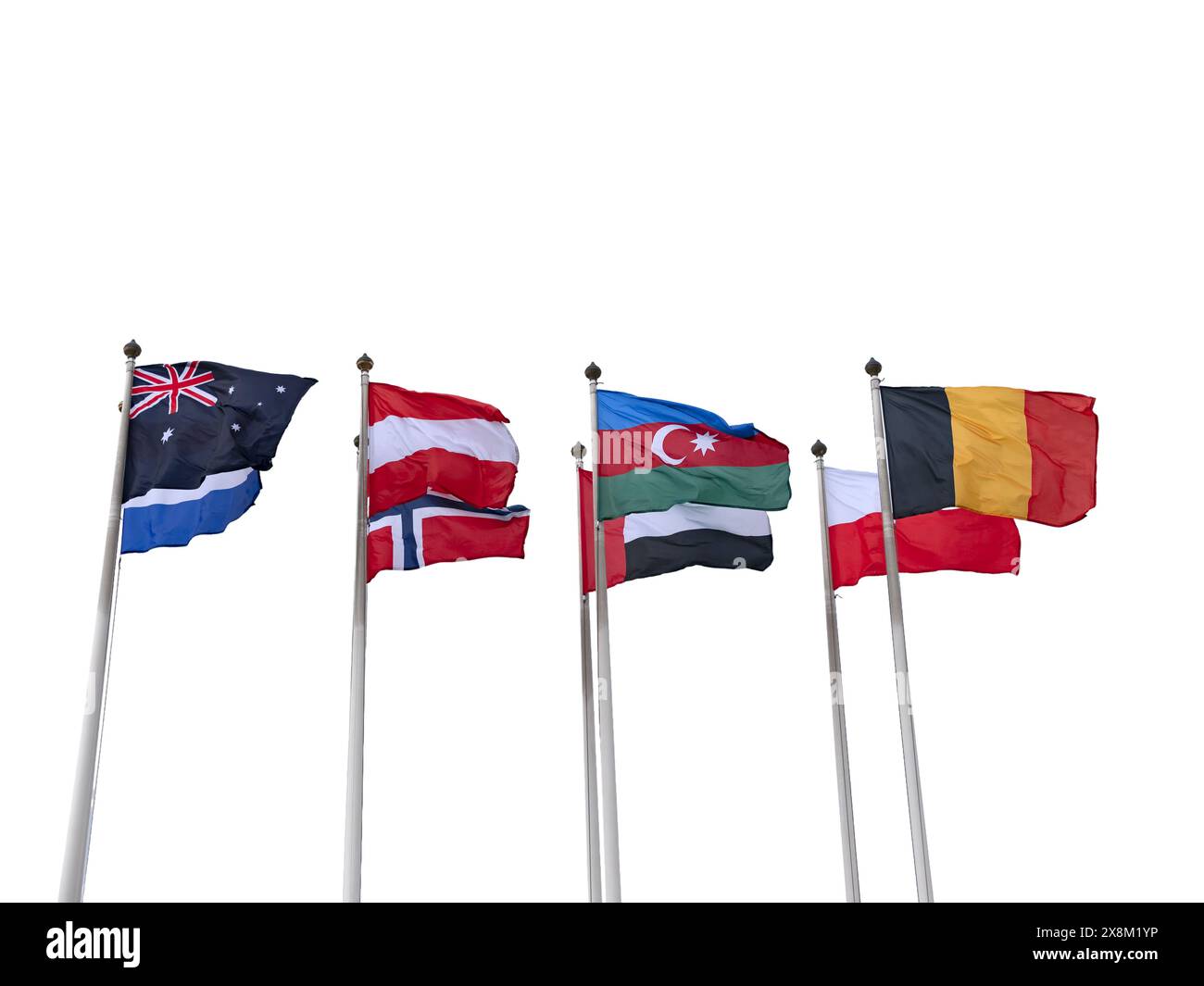 Flags of foreign countries on flagpoles isolated on a white background. Stock Photo