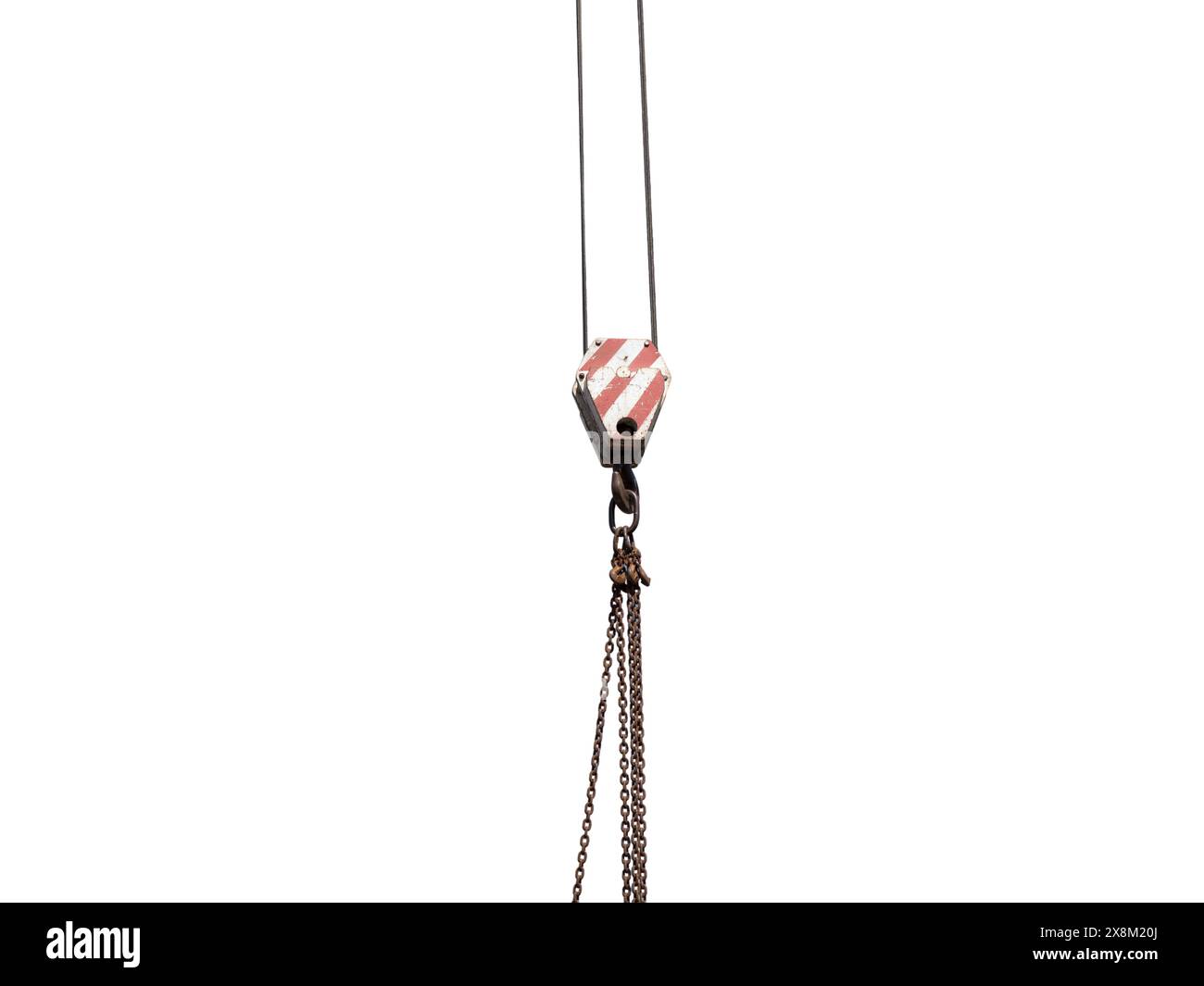 Crane steel hook with cable isolated on white. Stock Photo