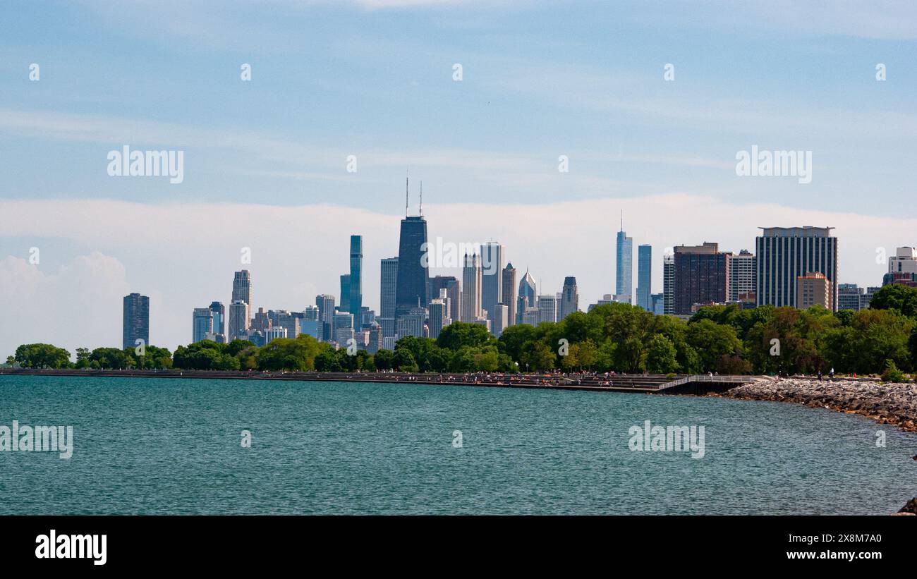 View of the City of Chicago from Lake Michigan on a bright summer day Stock Photo