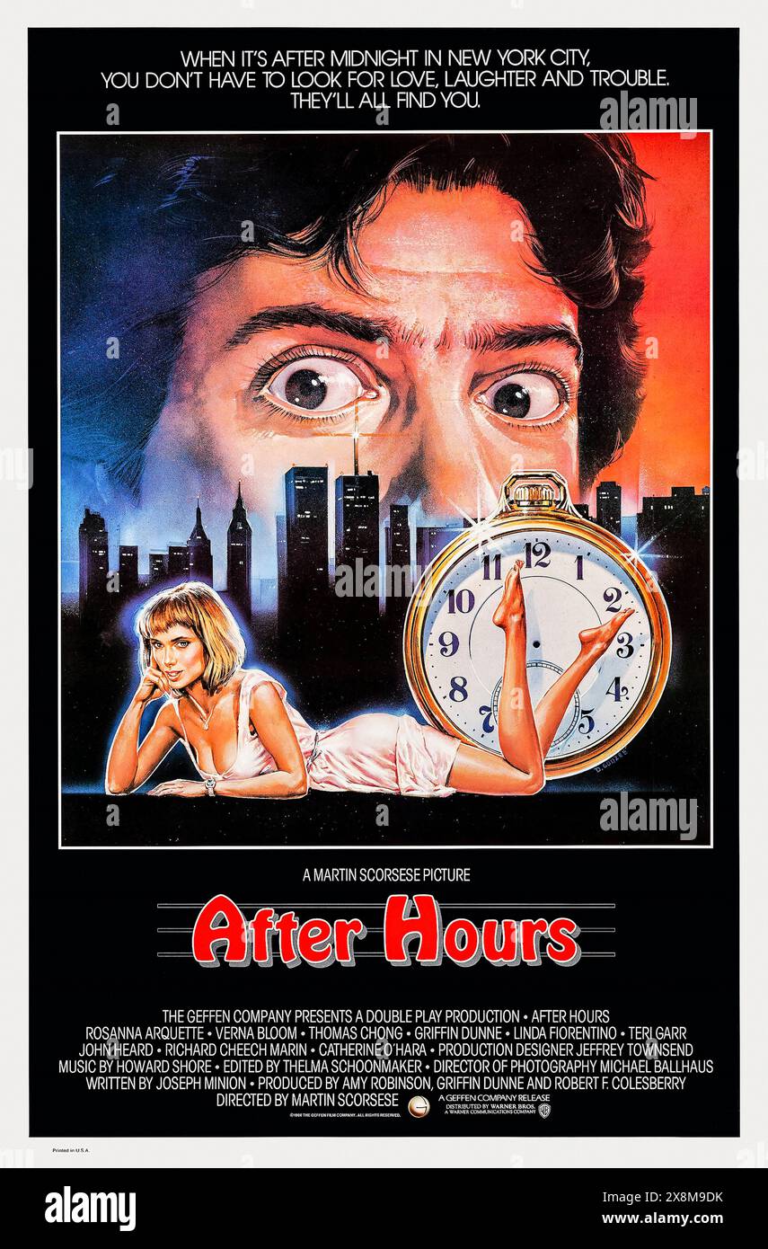 After Hours (1985) directed by Martin Scorsese and starring Griffin Dunne, Rosanna Arquette and Verna Bloom. An ordinary word processor has the worst night of his life after he agrees to visit a girl in Soho he met that evening at a coffee shop. Photograph of an original 1985 US one sheet poster featuring artwork by Marvin Mattelson ***EDITORIAL USE ONLY***. Credit: BFA / Warner Bros Stock Photo