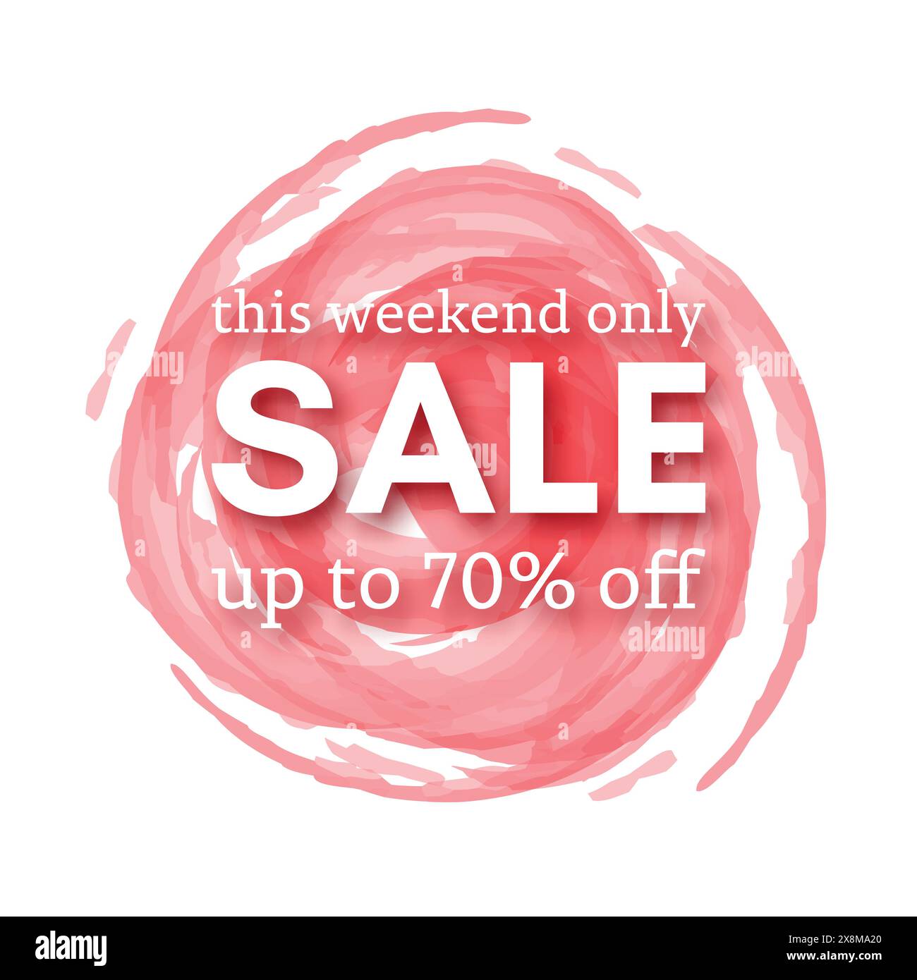 Sale this weekend only up to 70% off sign with shadow over red watercolor spot. Vector illustration. Stock Vector