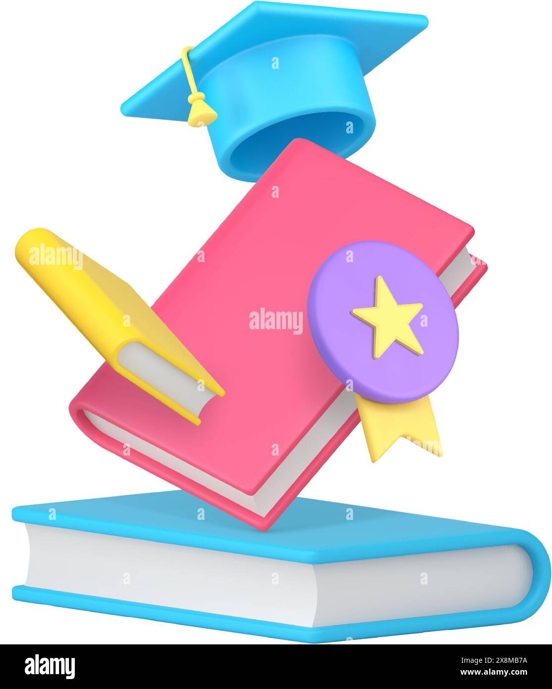 Education graduation academic learning knowledge achievement book cap and medal award 3d icon realistic vector illustration. School college university Stock Vector