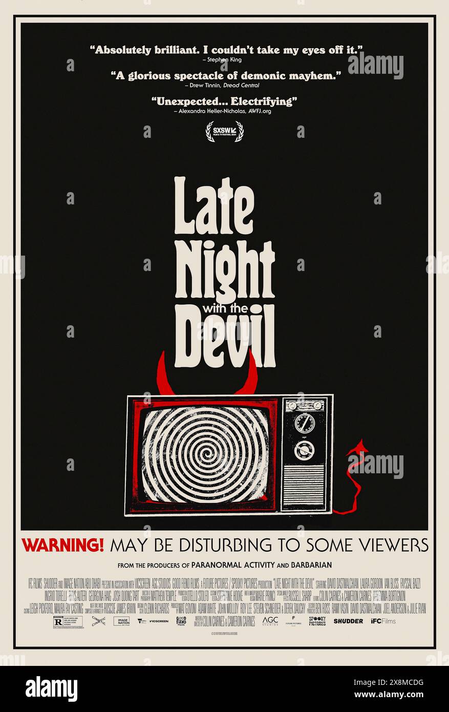 Late Night with the Devil (2023) directed by Cameron Cairnes and Colin Cairnes and starring  David Dastmalchian, Laura Gordon and Ian Bliss. A live television broadcast in 1977 goes horribly wrong, unleashing evil into the nation's living rooms. US one sheet poster ***EDITORIAL USE ONLY***. Credit: BFA / IFC Films Stock Photo