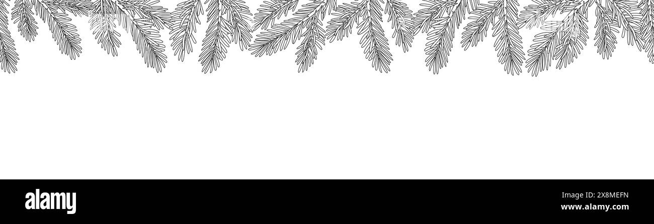 Pine tree branches seamless border line art isolated on white, spruce branches. Hand drawn xmas evergreen plant. Doodle Winter decor. Art therapy Coloring page Vector illustration Stock Vector
