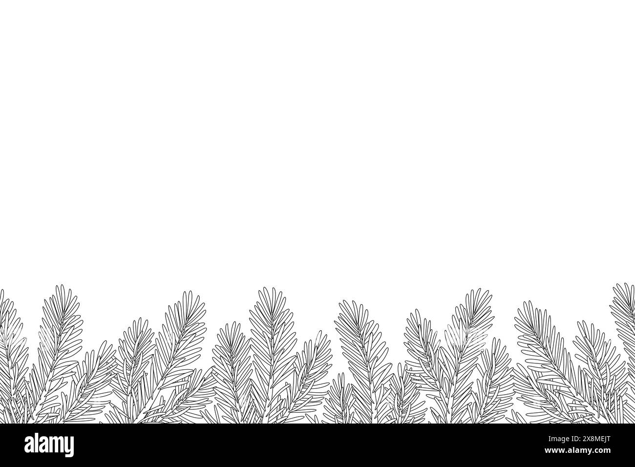 Pine tree branches seamless border line art isolated on white, spruce branches. Hand drawn xmas evergreen plant. Doodle Winter decor. Art therapy Coloring page Vector illustration Stock Vector
