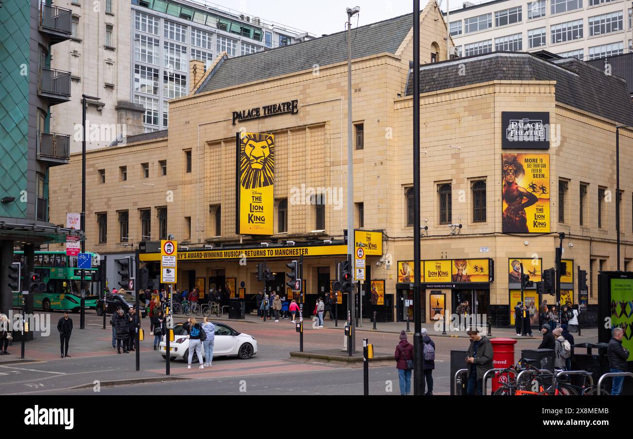 Manchester UK 26 March 2024. Busy urban scene outside Palace Theatre ...