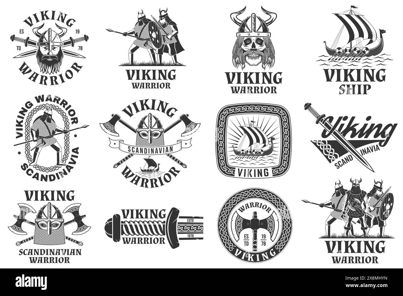 Set of viking warrior logos, badges, stickers. Vector illustration. For emblems, labels and patch. Monochrome style viking in helmet with crossed Stock Vector
