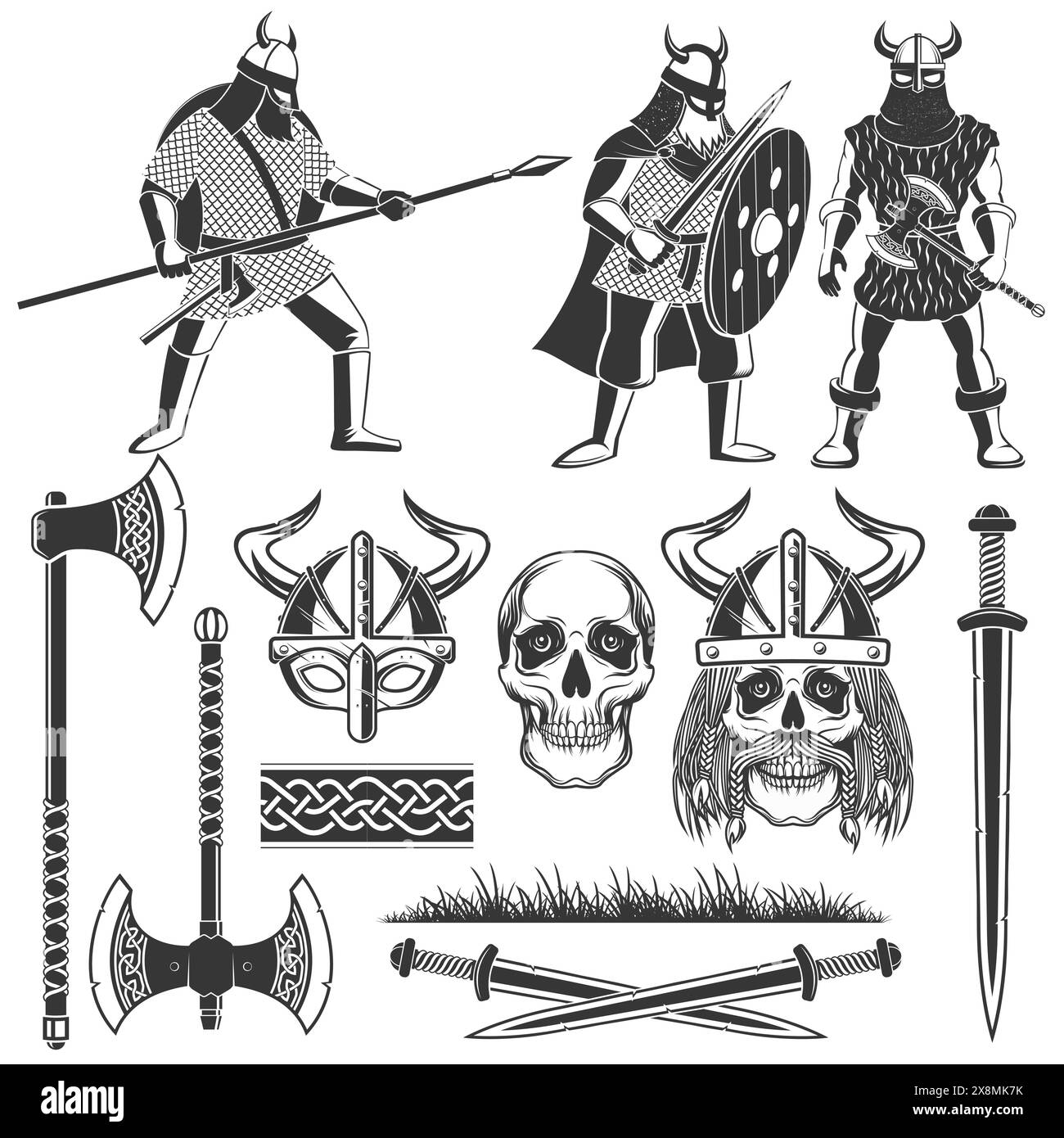 Set of monochrome viking elements. Vector. Set include vikings equipments, medieval weapon sword, axe, double axe, warrior helmet, skull, ornament Stock Vector
