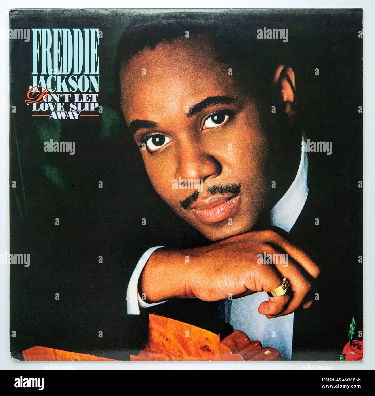 LP cover of Don't Let Love Slip Away, the third album by American soul singer Freddie Jackson, which was released in 1988. Stock Photo