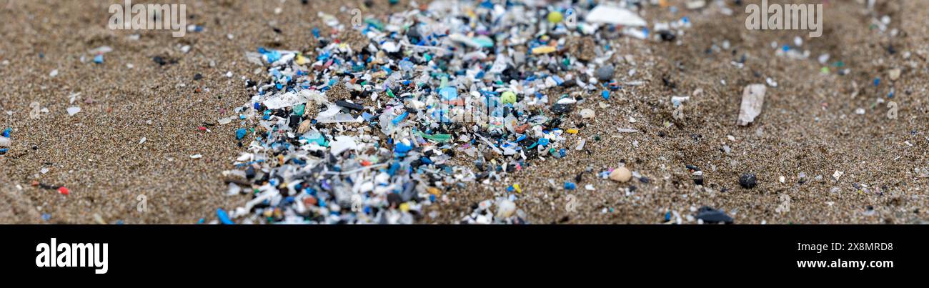 microplastics on the Greek beach, an example of pollution Stock Photo