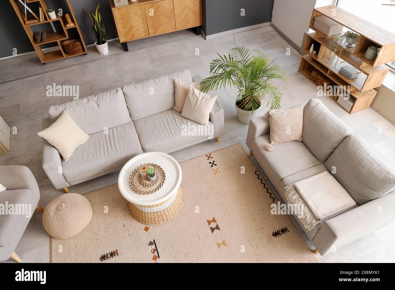 Interior of modern living room with grey sofas and coffee table Stock ...
