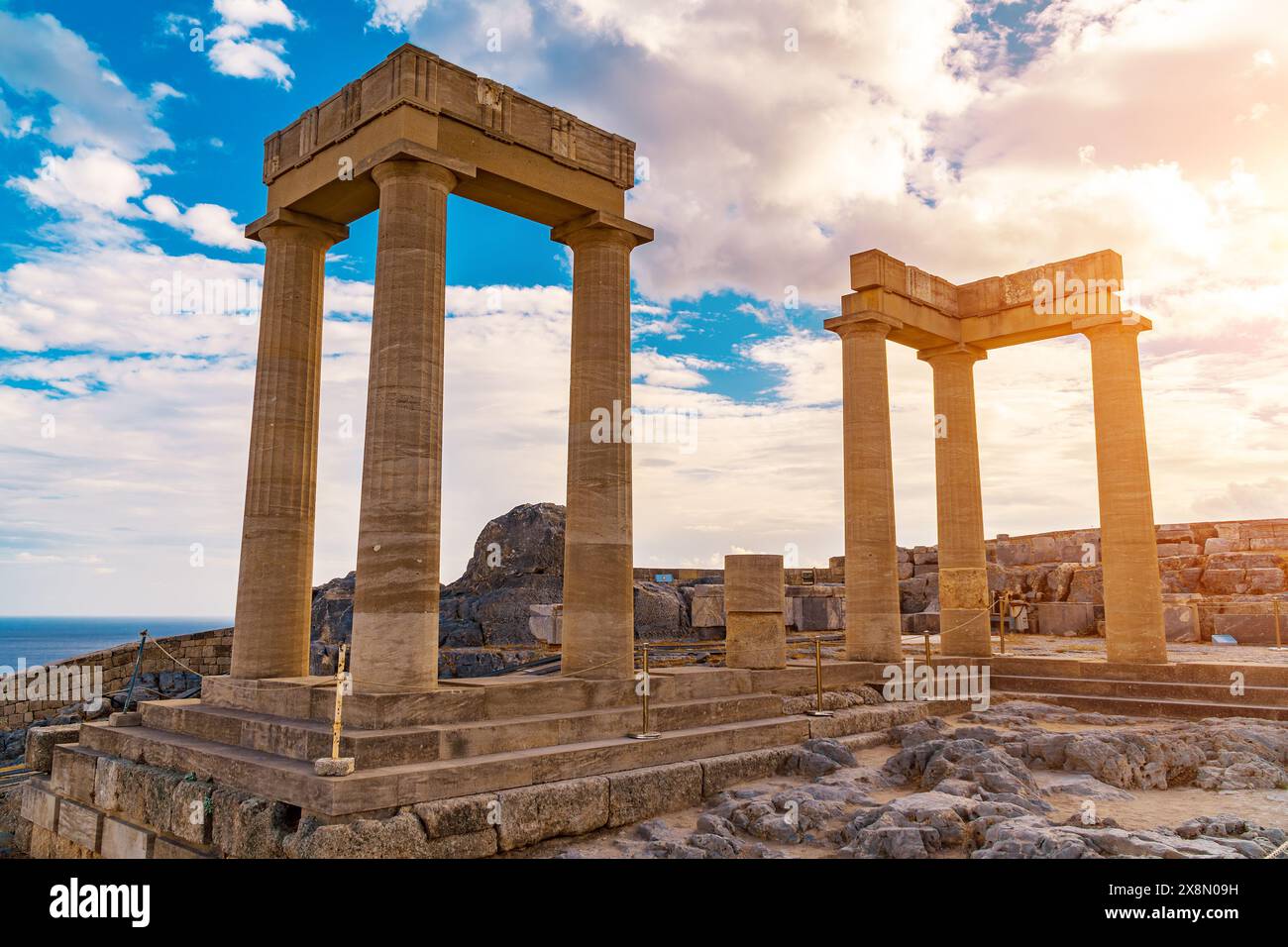 Remaining columns of the Temple of Athena Lindia at the Acropolis of Lindos. Stock Photo