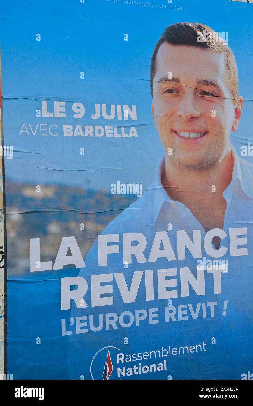 Election poster of Jordan Bardella French MEP, head of the Rassemblement National list for the 2024 European elections. European elections, France, Eu Stock Photo