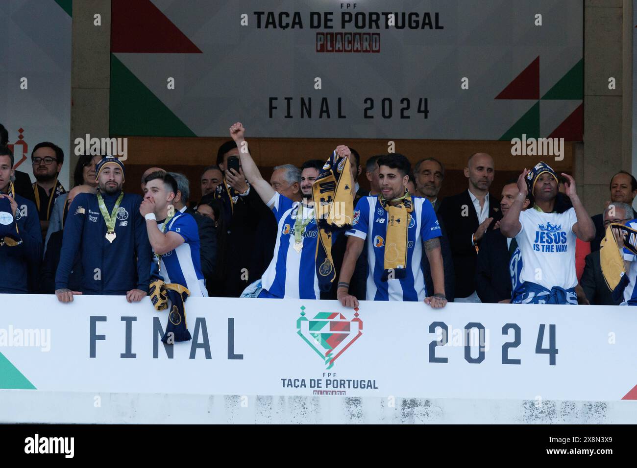 Team of FC Porto celebrates with a trophy   during  Taca de Portugal 2024 final game between FC Porto and  Sporting CP (2:1) at Estadio Nacional Jamor Stock Photo