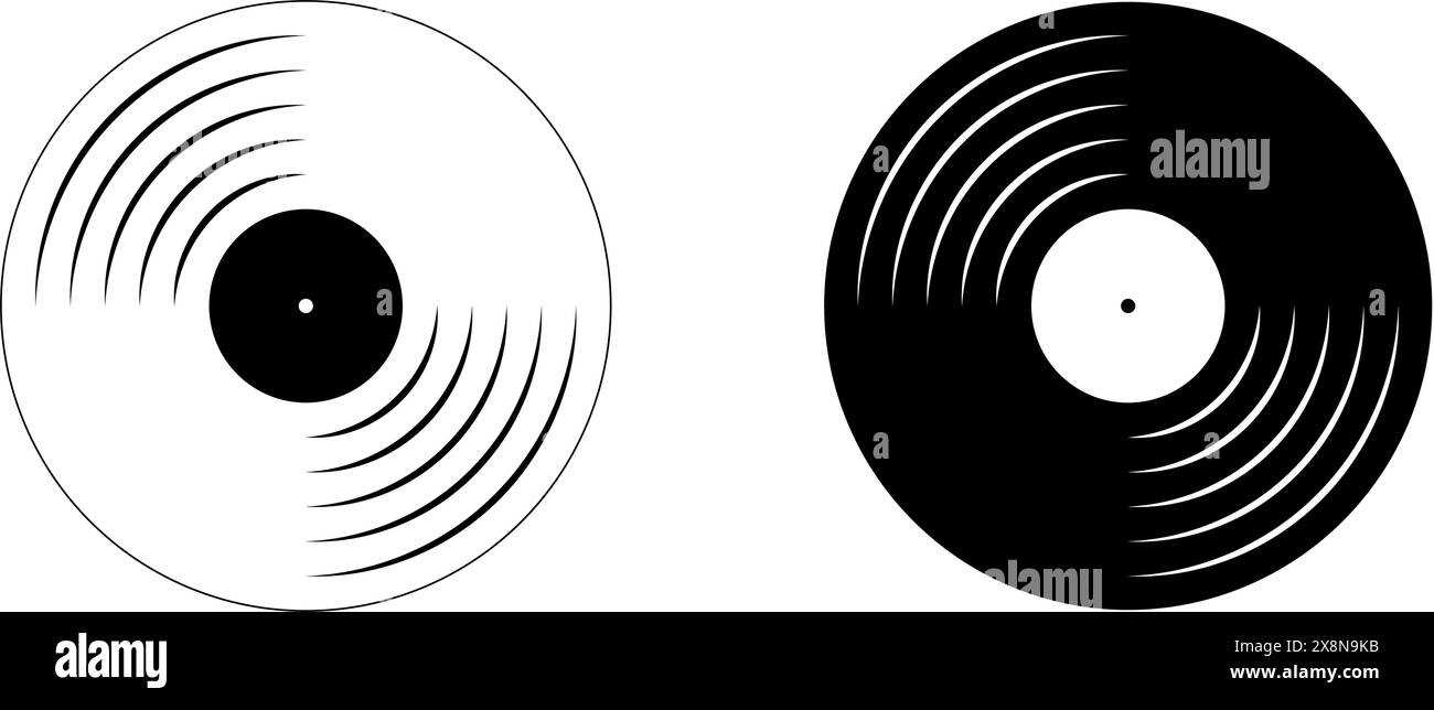 Black and white vinyl record plates icons. Turntable LP or long play music discs. DJ equipment for techno party. 70s 80s 90s discotheque nostalgia concept. Vector graphic illustration. Stock Vector