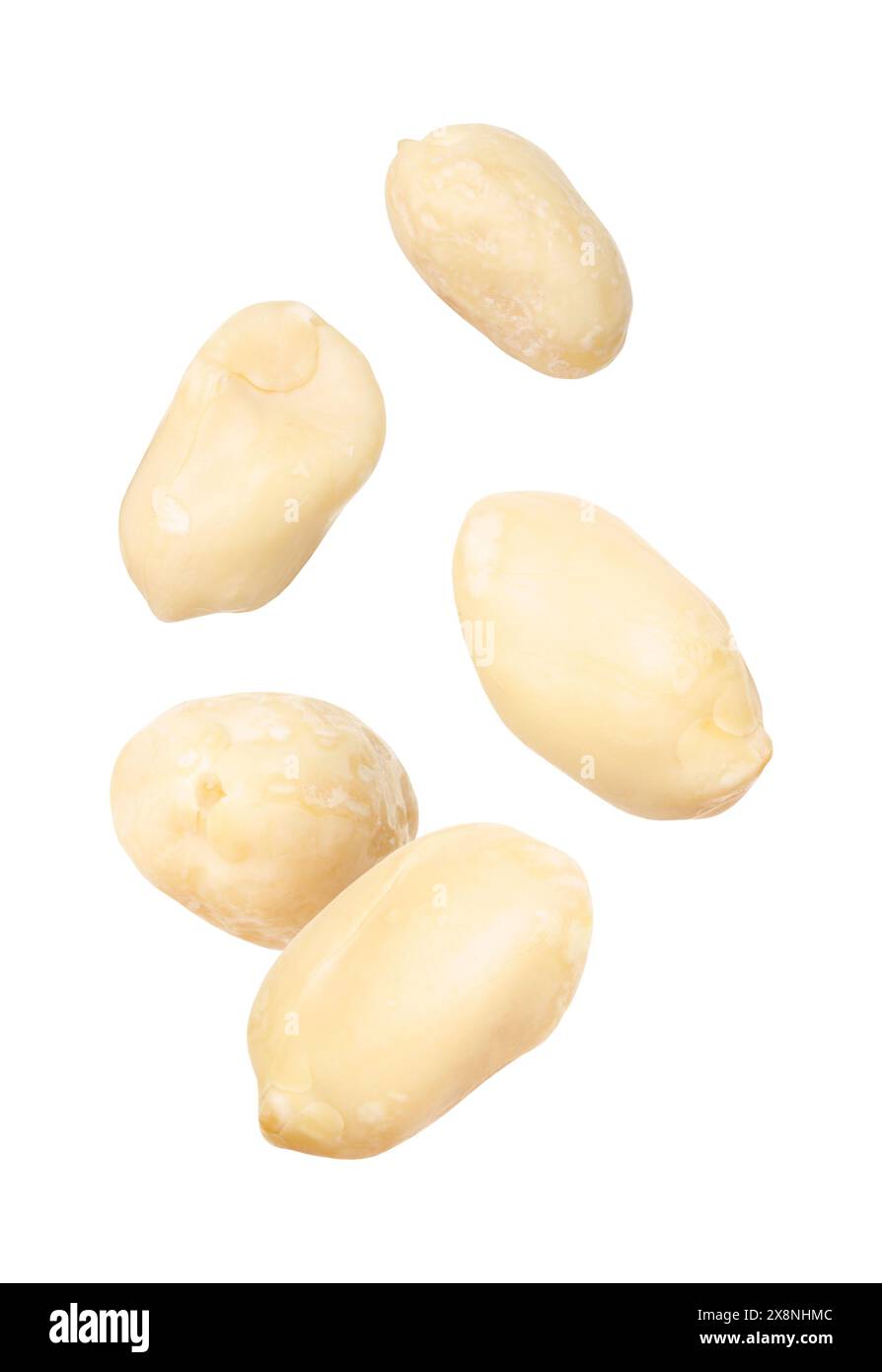 Many peanuts in air on white background Stock Photo