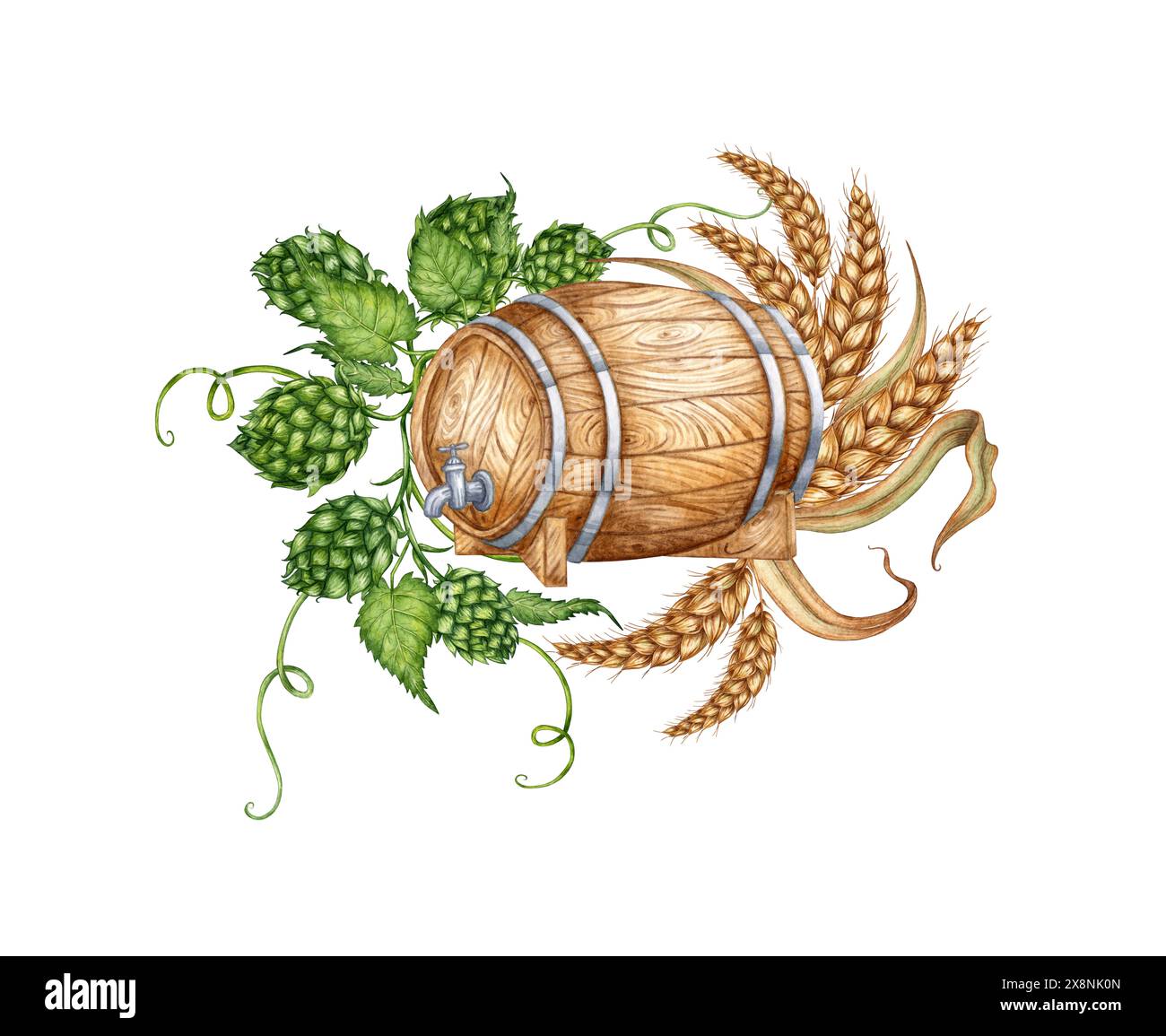 Wooden barrel with hops, ears of wheat for beer and other alcoholic drinks watercolor illustration. Isolated from the background. Suitable for interio Stock Photo