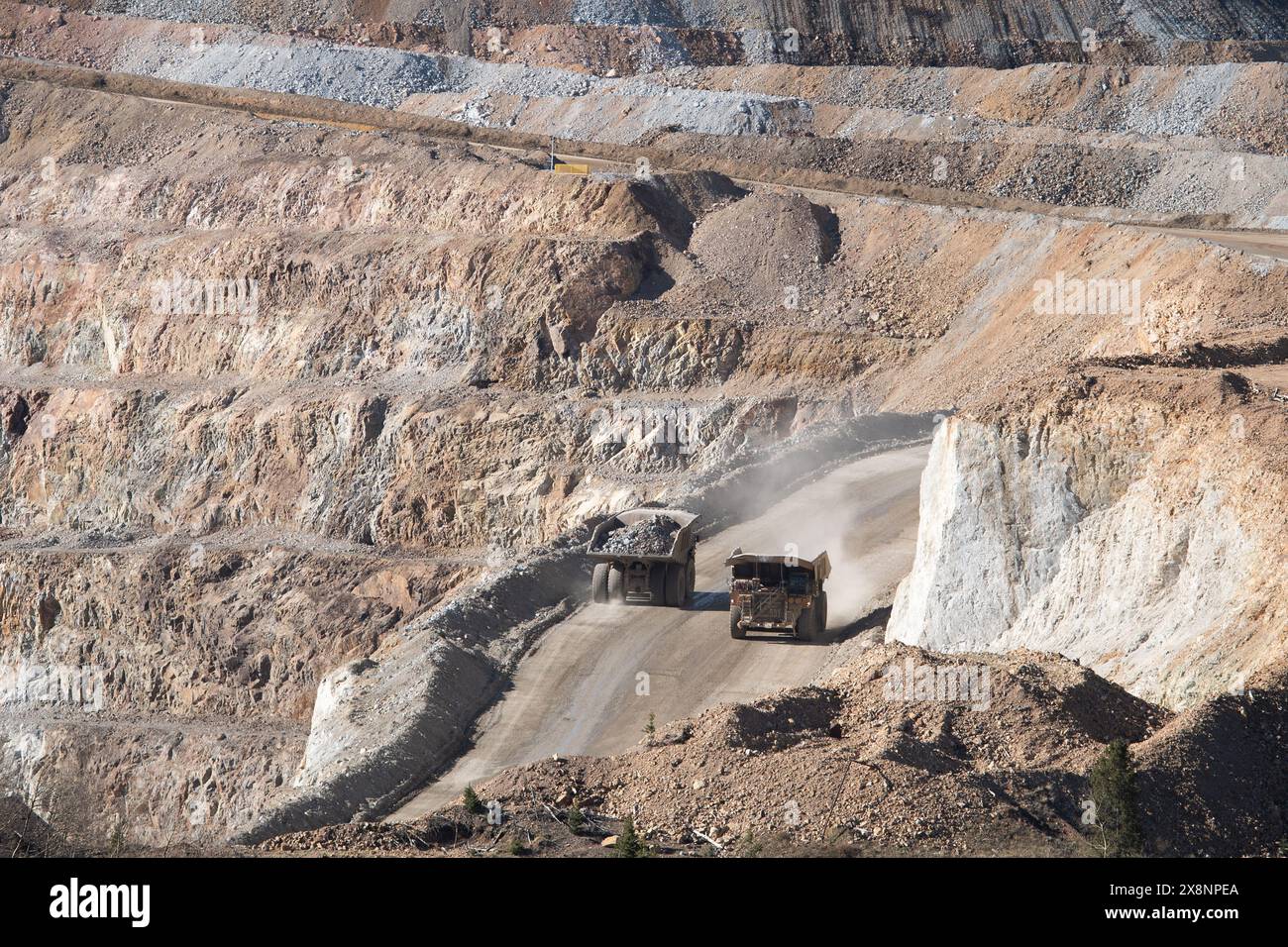 Huge ore trucks haul gold ore from the open pit mine to processing at the Cripple Creek and Victor Gold Mine, in Victor, Colorado. Stock Photo