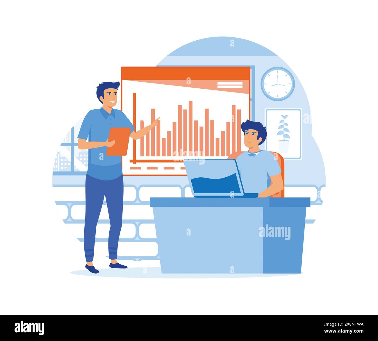 Business meeting team conference in office room. On presentation conference, presenting charts and reports. Employees meeting at business training sem Stock Vector