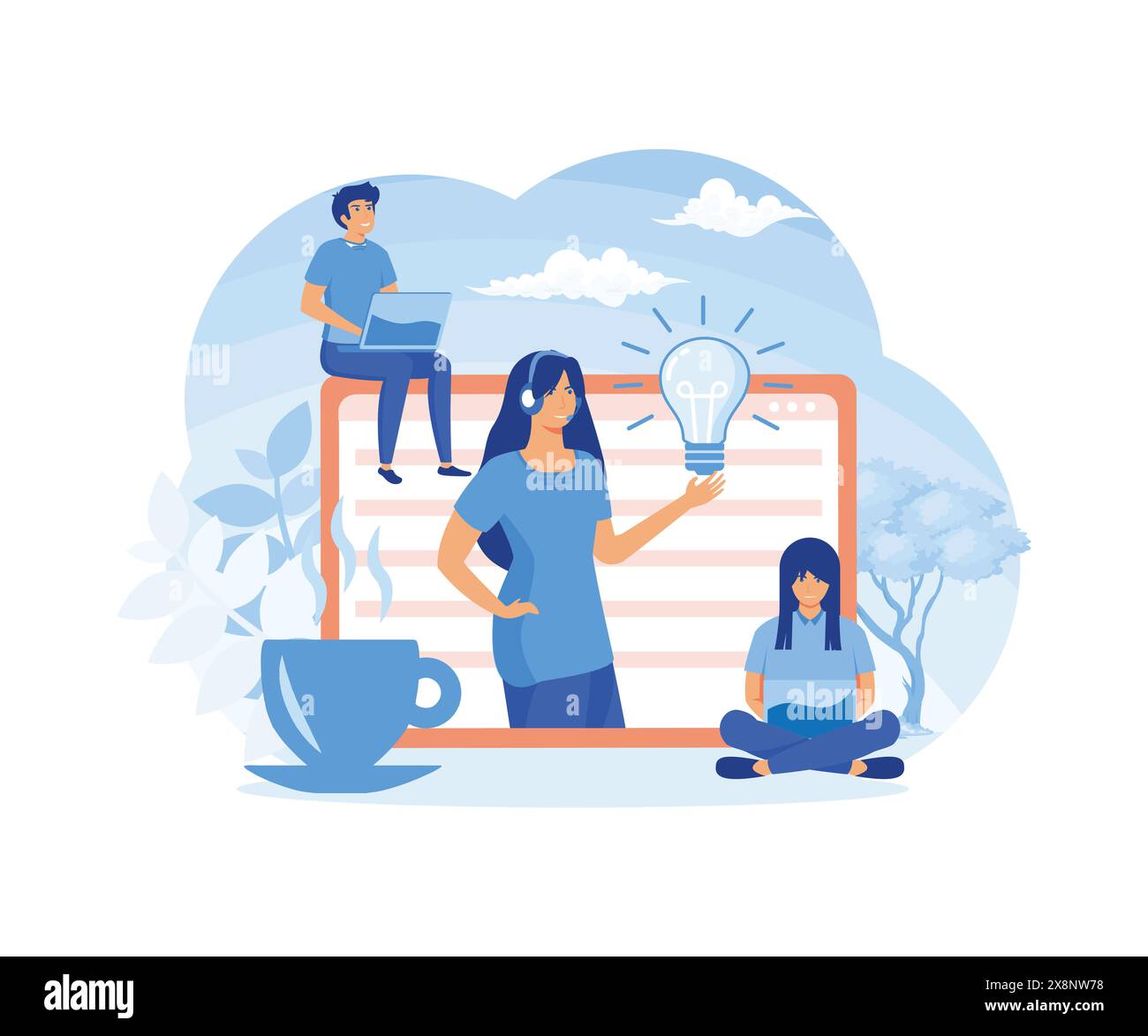 Concept customer and operator, online technical support for web page. Female hotline operator advises client. Online assistant, virtual help service. Stock Vector