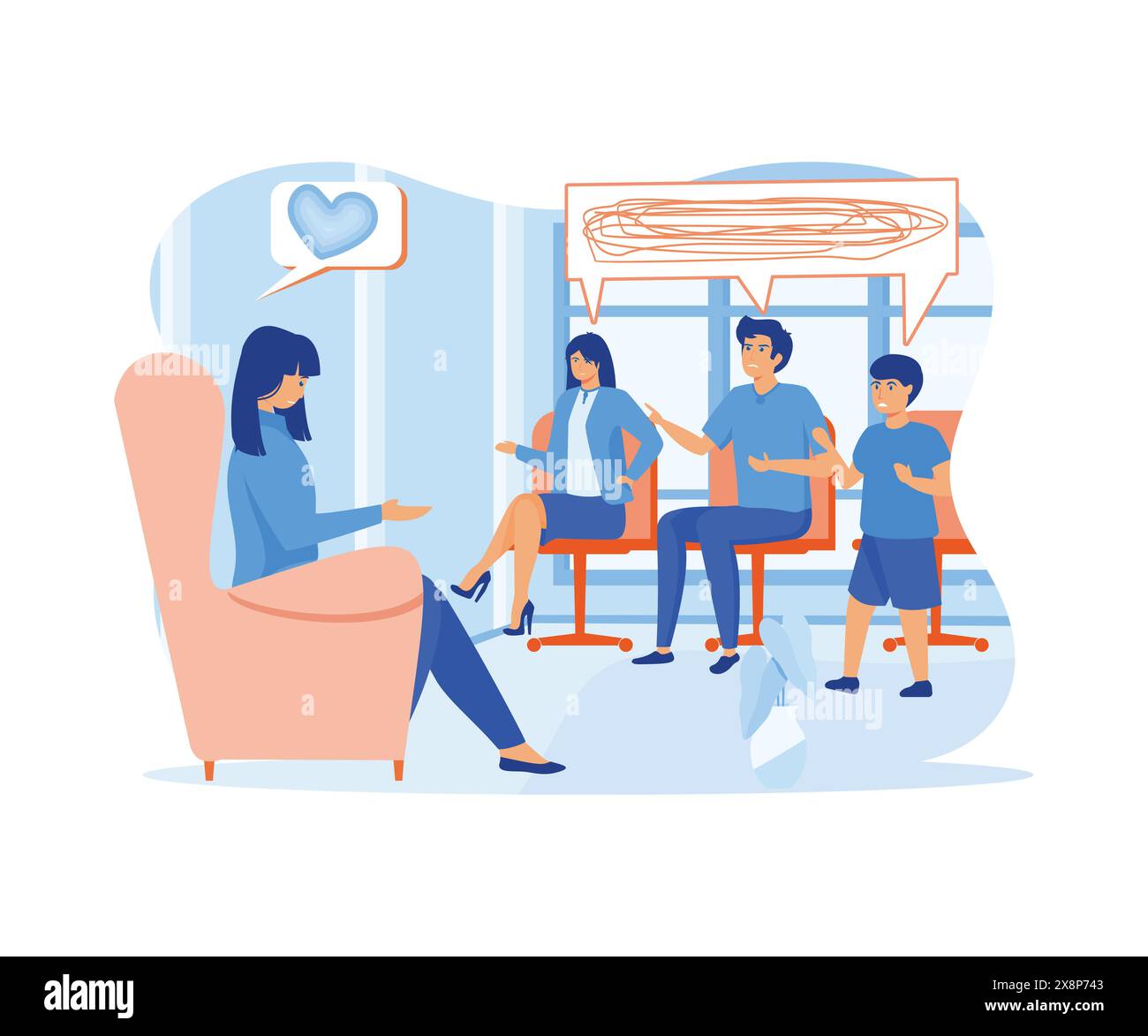 Psychotherapy. Family psychologist speaking with couple , family psychiatry concept. Treatment of kid stress, addictions and mental problems. flat vec Stock Vector