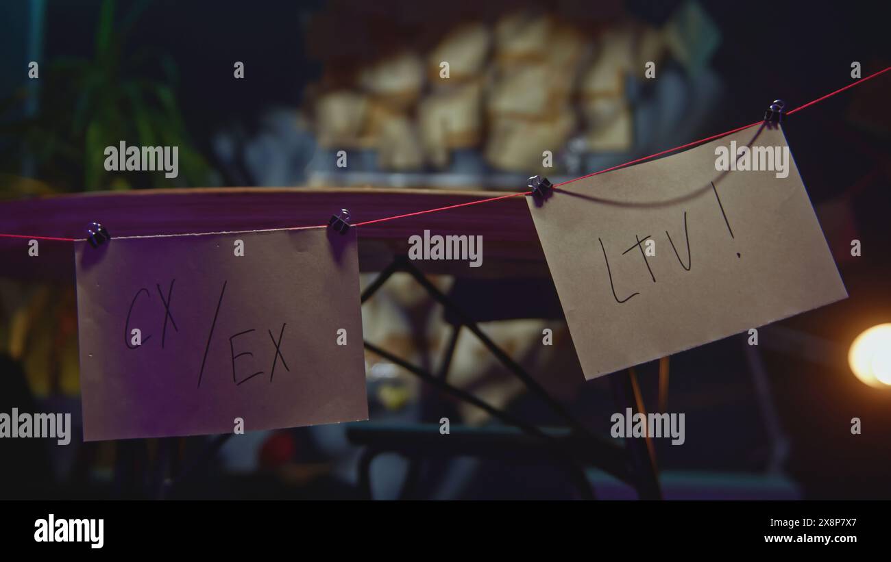 Mysterious notes on threads. Stock footage. Mysterious rebus on notes ...