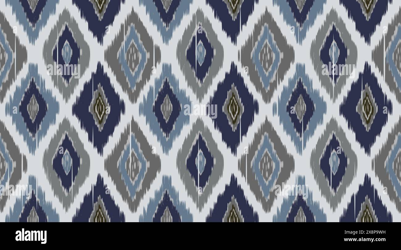 Hand-paingted Ikat style diamond-shaped seamless pattern in indigo blue, gray and denim blue on light blue background. A multipurpose for fabric, wall Stock Vector