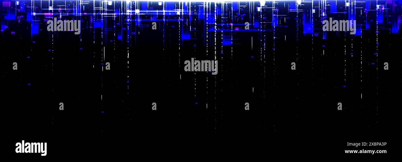 Vhs tv screen texture with blue and white lines and pixels on black background. Realistic vector illustration of abstract retro television noise effect. Vintage video play or rewind digital error. Stock Vector