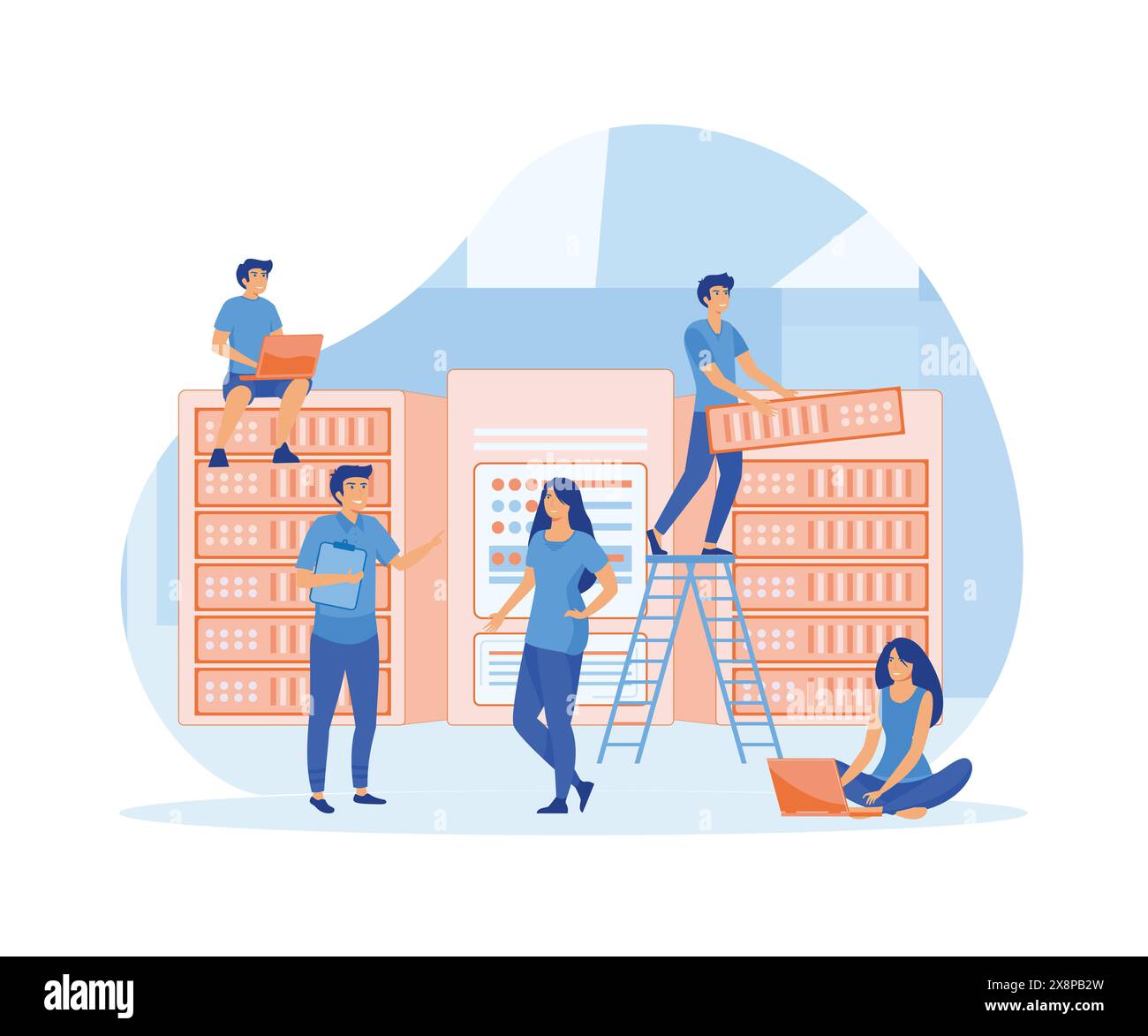 Business people in data center room. Data network management. Concept of hosting server and computer database. flat vector modern illustration Stock Vector