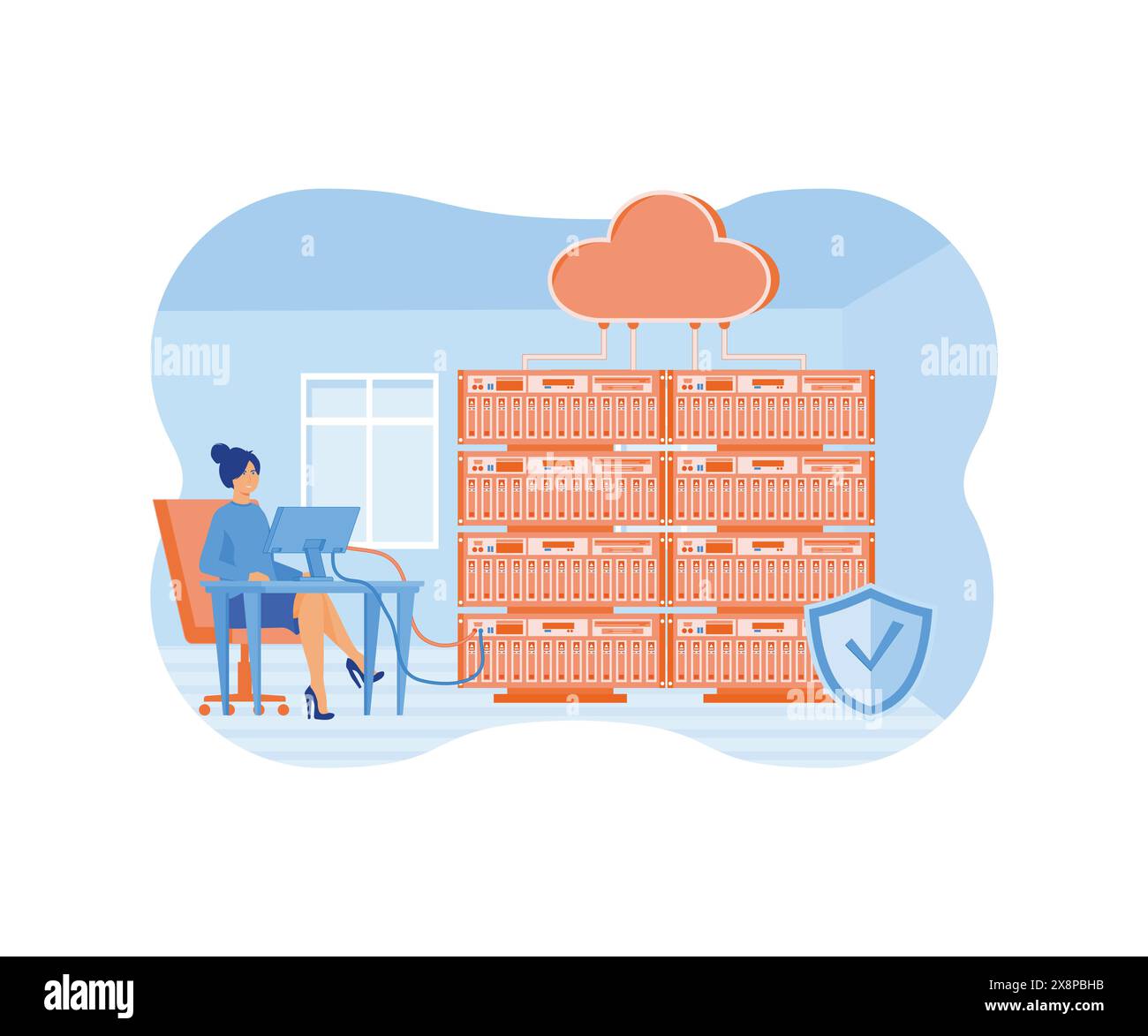 People working on computer and doing technical work with server concept of server maintenance support. flat vector modern illustration Stock Vector