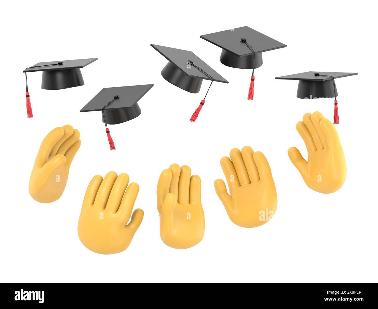 Cartoon Gesture Icon Mockup.Businessman hands throwing graduation hat in the air.3D rendering on white background. Stock Photo
