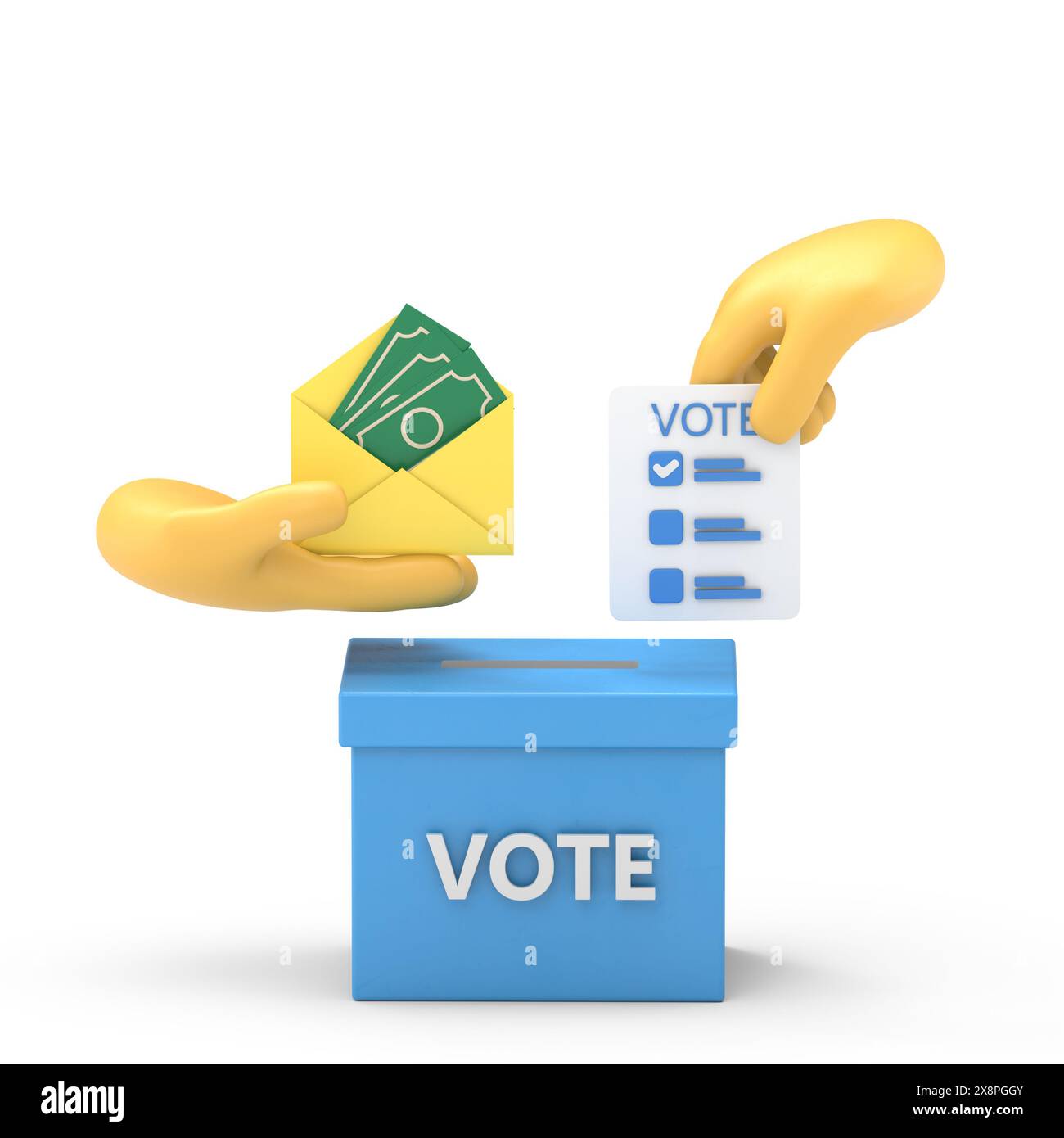 Cartoon Gesture Icon Mockup.3D hand putting voting paper in ballot box. Elections, voting, going to vote, citizen participation in voting concept. 3d Stock Photo