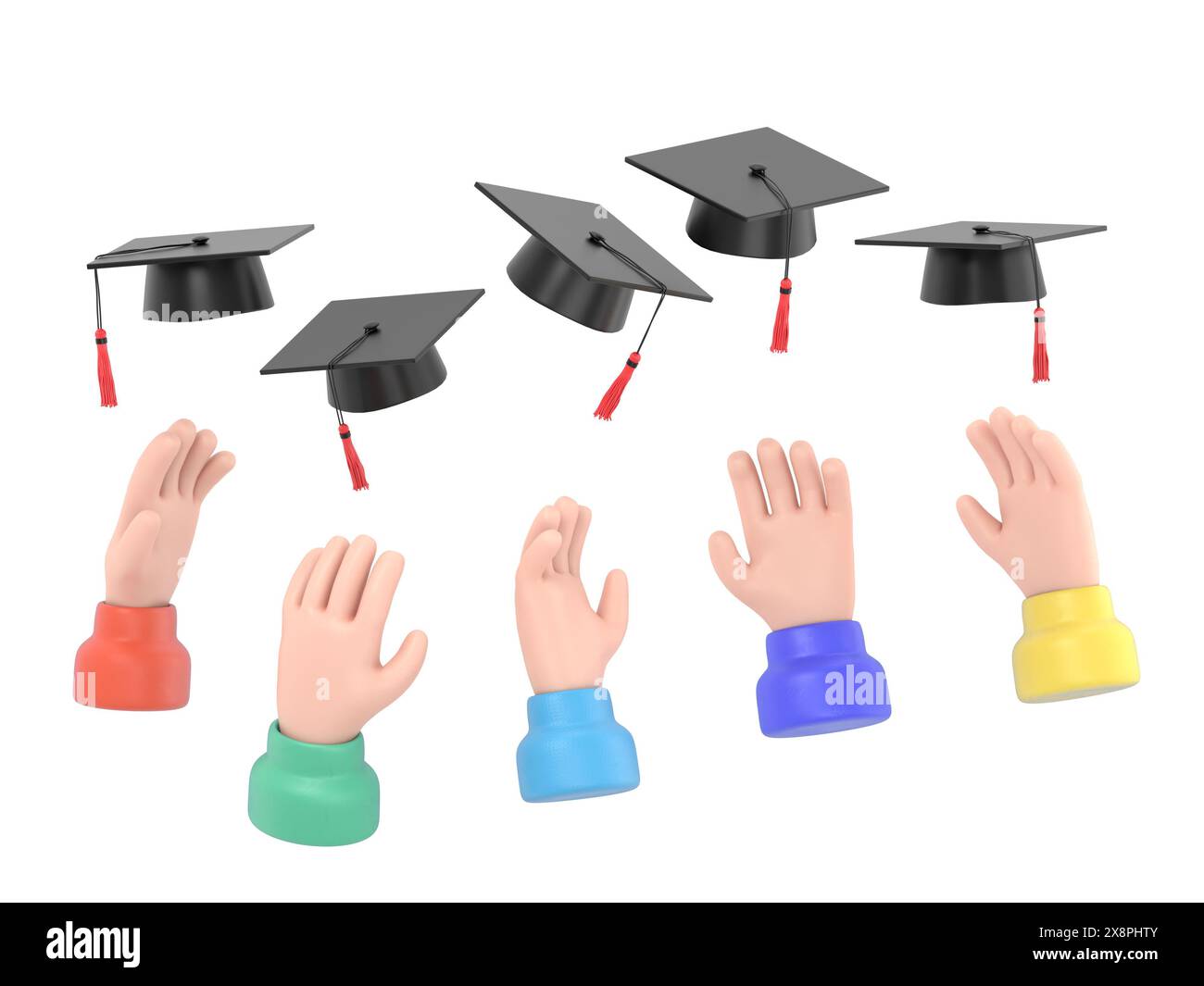 Cartoon Gesture Icon Mockup.Businessman hands throwing graduation hat in the air.3D rendering on white background. Stock Photo