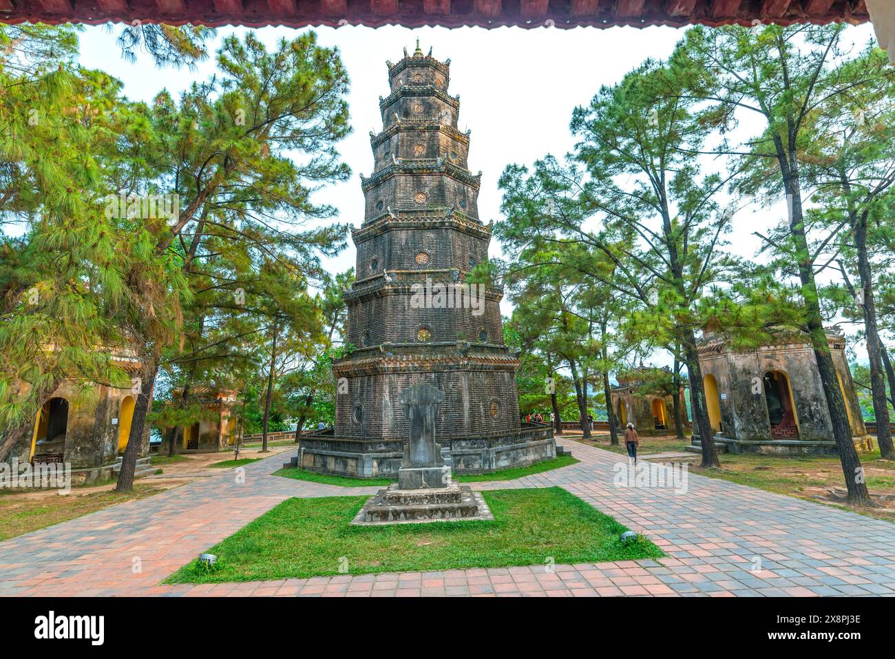 Hue, Vietnam - April 10th, 2024: Thien Mu Pagoda. This is the ancient temples from the 19th century to date and also the spiritual tourist attractions Stock Photo